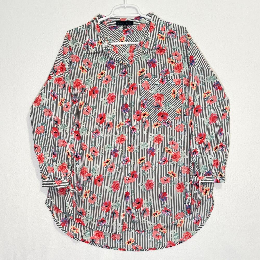 Sanctuary Button Down Shirt Womens Medium Pink Gray Striped Floral Tunic Blouse - Picture 4 of 14